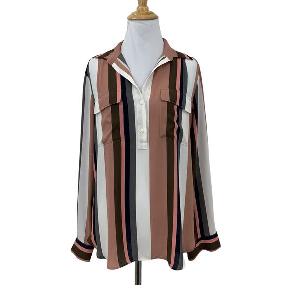 Ann Taylor Stripe Blouse Womens S Small Multi 1/2 Button Flap Pockets Loose Fit - Picture 1 of 13